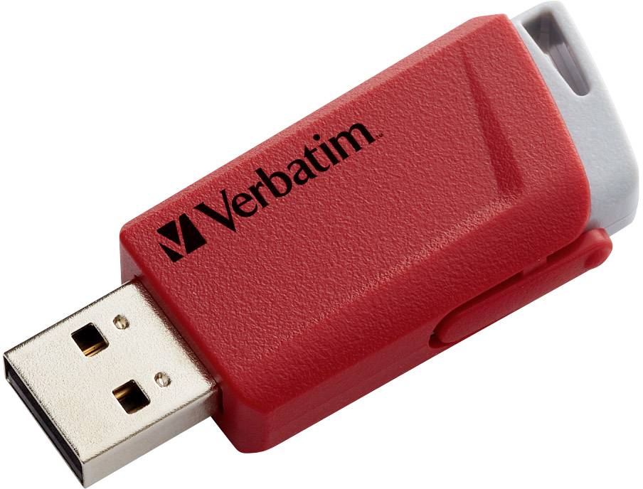 Czerwony pendrive marki Verbatim z szarym mechanizmem przesuwnym.