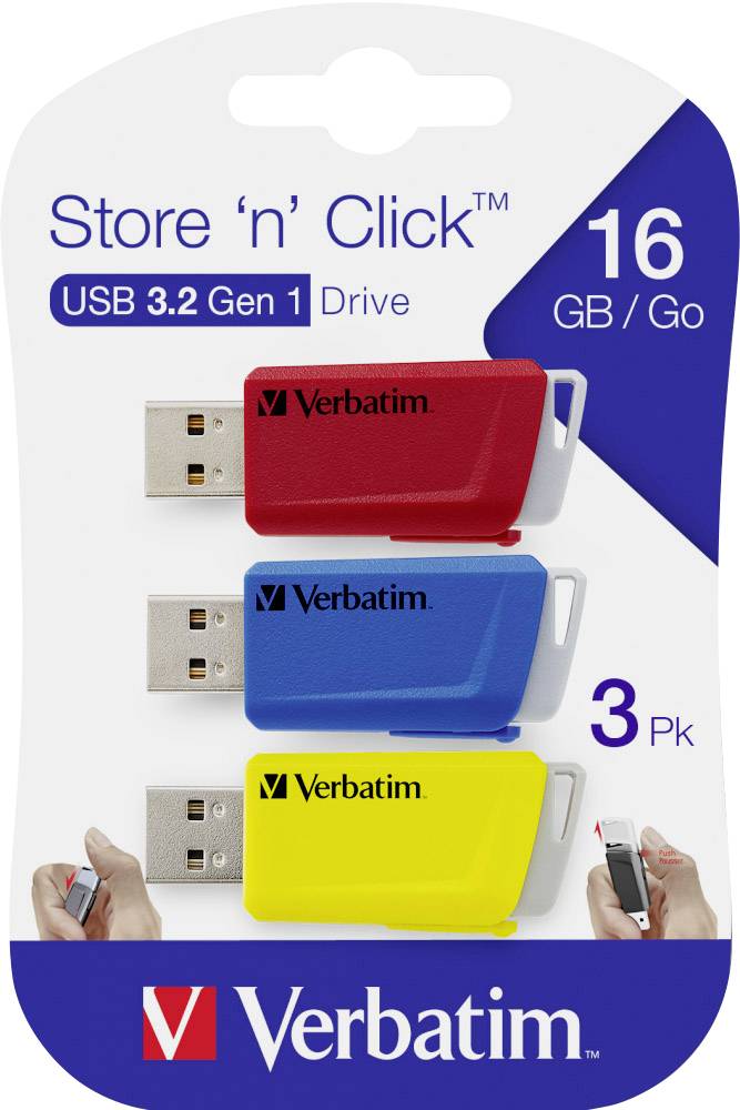 Trzy pendrive'y w kolorach czerwonym, niebieskim i żółtym, każdy o pojemności 16 GB, marki Verbatim. Nazwa produktu: 'Store 'n' Click'. USB 3.2 Gen 1.