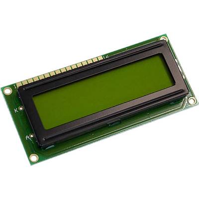 Moduł LCD z zielonym wyświetlaczem i czarną ramką, przeznaczony do wyświetlania znaków i informacji w urządzeniach elektronicznych.