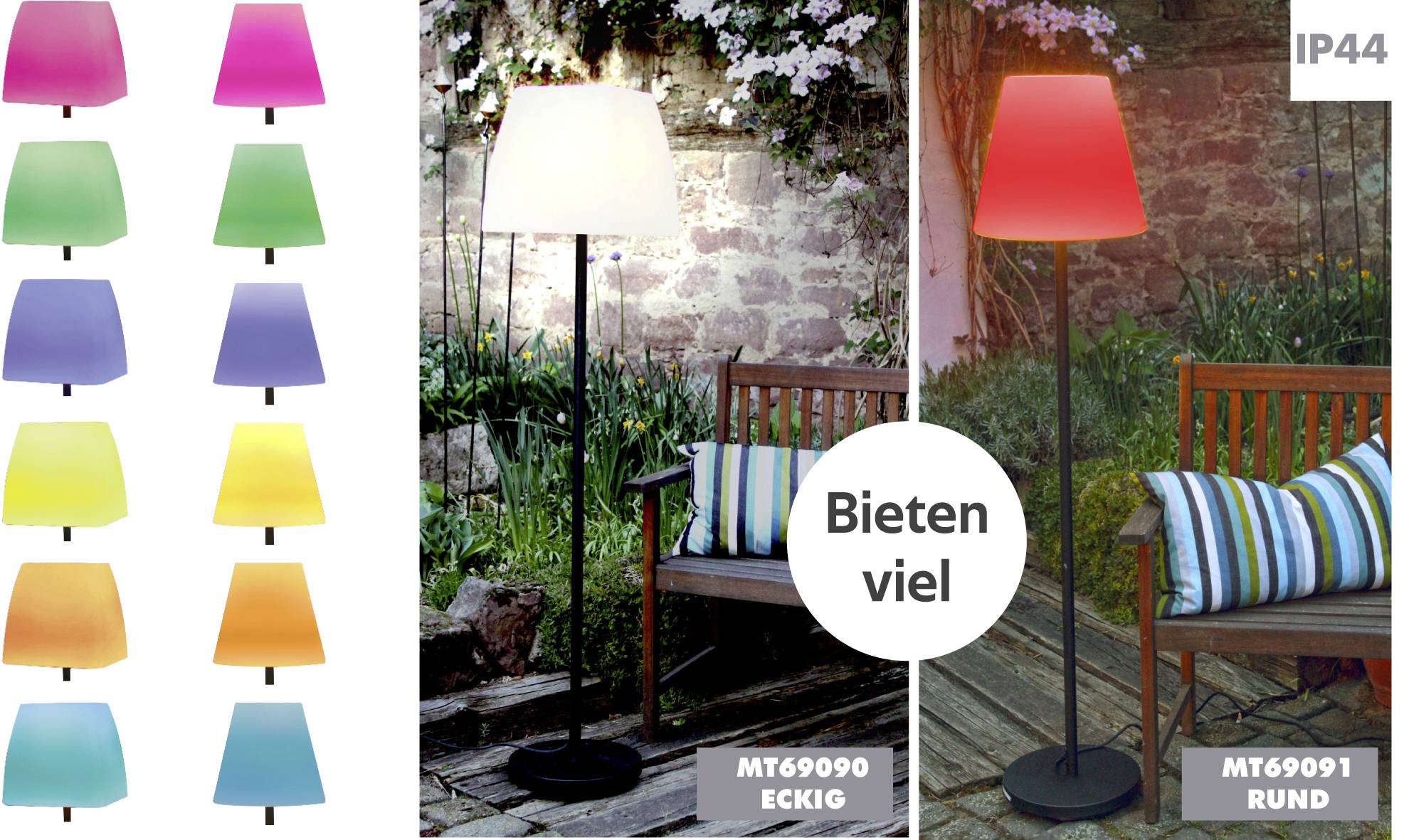 Lampy stojące w różnych kolorach z kwadratowymi lub okrągłymi abażurami, odpowiednie do użytku na zewnątrz (IP44).