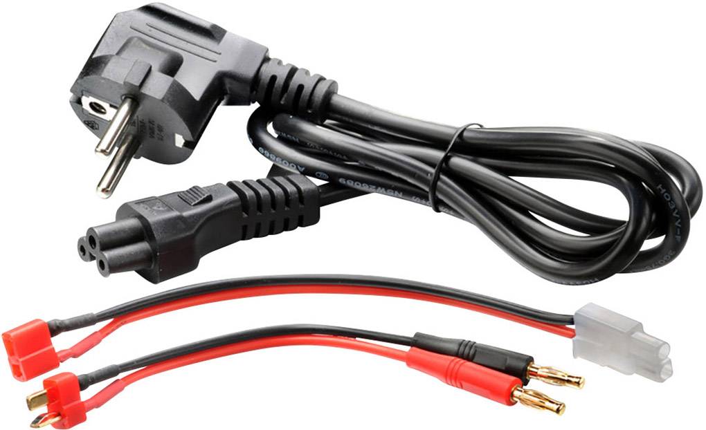 Dwa różne przewody: górny kabel sieciowy z UE, dolny przewód krokodylkowy w kolorach czerwonym i czarnym, oba do połączeń elektrycznych.