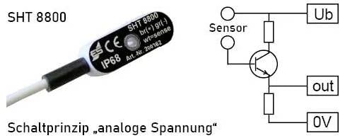Czujnik (SHT 8800) z diagramem zasady przełączania: Czujnik jest podłączony do Ub, out i 0V, wskazuje analogowe sterowanie napięciowe.