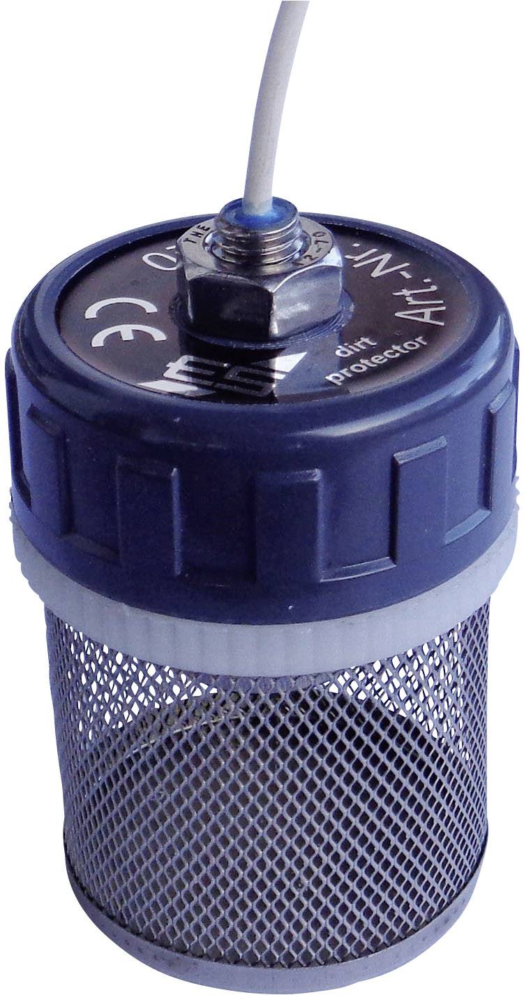 Niebieski cylindryczny filtr sprężonego powietrza z drobną siatką metalową i złączem kablowym u góry, stosowany do ochrony przed cząstkami.