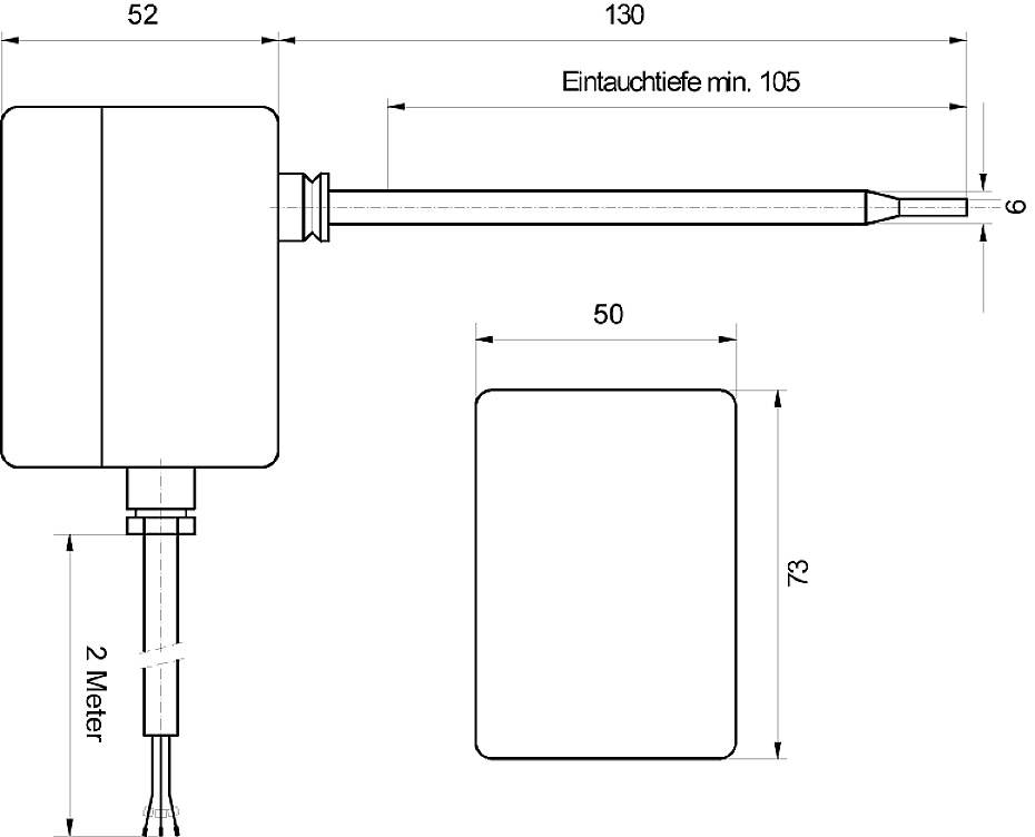 Rysunek techniczny czujnika z wymiarami: całkowita długość 182 mm, minimalna głębokość zanurzenia 105 mm, kabel czujnika 2 metry, wysokość 73 mm.