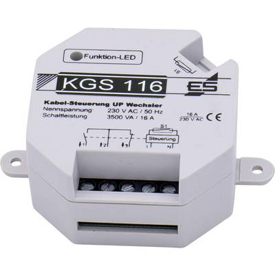 Elektryczny przełącznik o numerze modelu 'KGS 116' firmy ES. Dane techniczne: 230 V AC, 50 Hz, 3500 VA, 16 A.