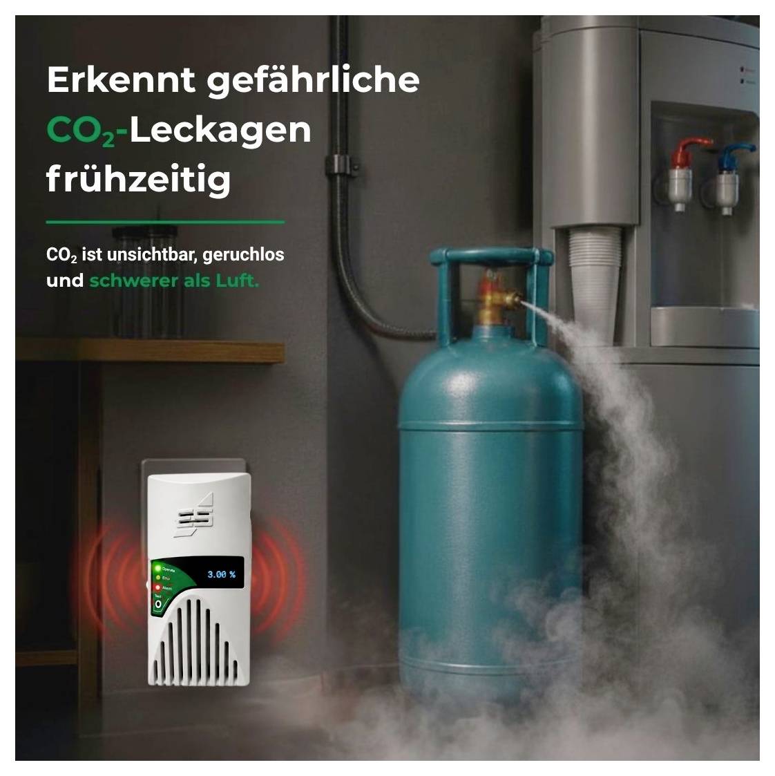 Grafika ostrzegawcza: Czujnik wykrywa wyciek CO2 z butli gazowej; tekst podkreśla, że CO2 jest niewidoczne, bezwonne i cięższe od powietrza.