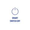 Niebieska ikona przycisku zasilania z tekstem 'Smart Switch Off' poniżej na białym tle.