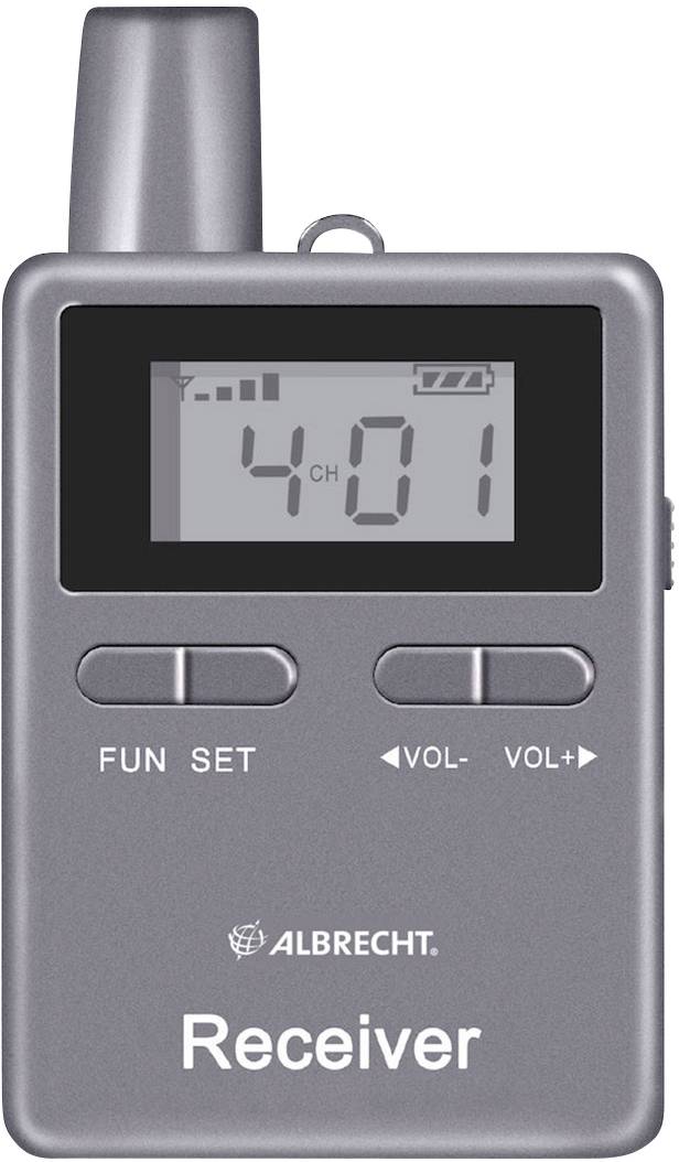 Szary odbiornik z wyświetlaczem cyfrowym, pokazujący kanał '401', posiada przyciski do obsługi funkcji i regulacji głośności, marki 'Albrecht'.