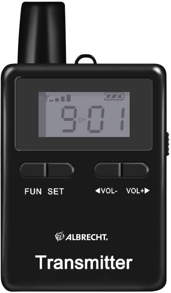 Czarny odbiornik Albrecht z wyświetlaczem cyfrowym pokazuje '9CH 901'. Poniżej znajdują się dwa przyciski do regulacji głośności.