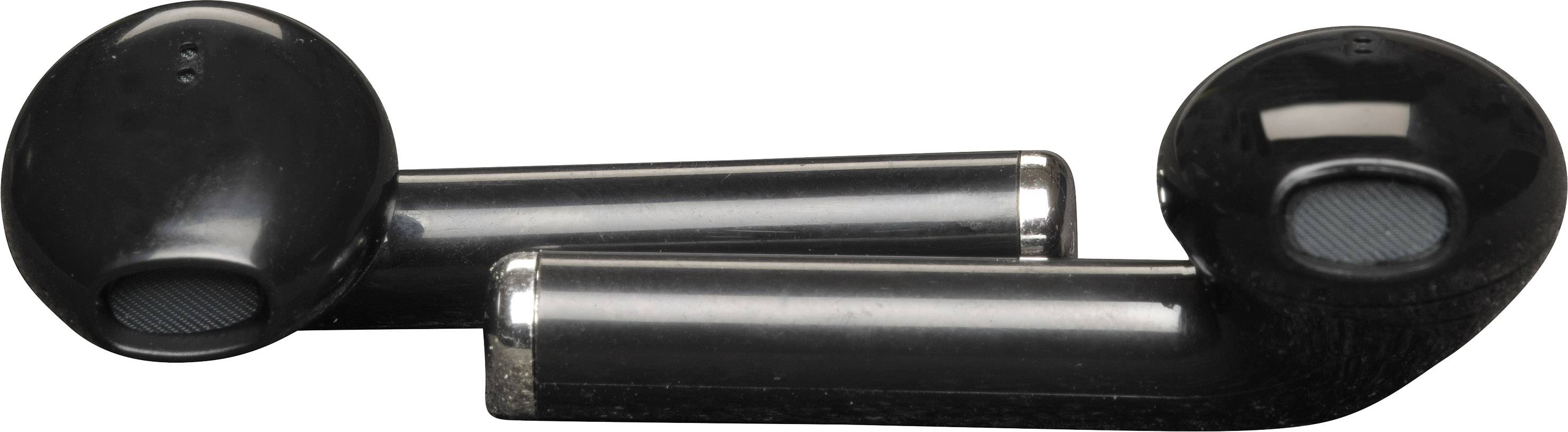 Czarne bezprzewodowe słuchawki douszne o błyszczącej powierzchni, ułożone poziomo obok siebie.