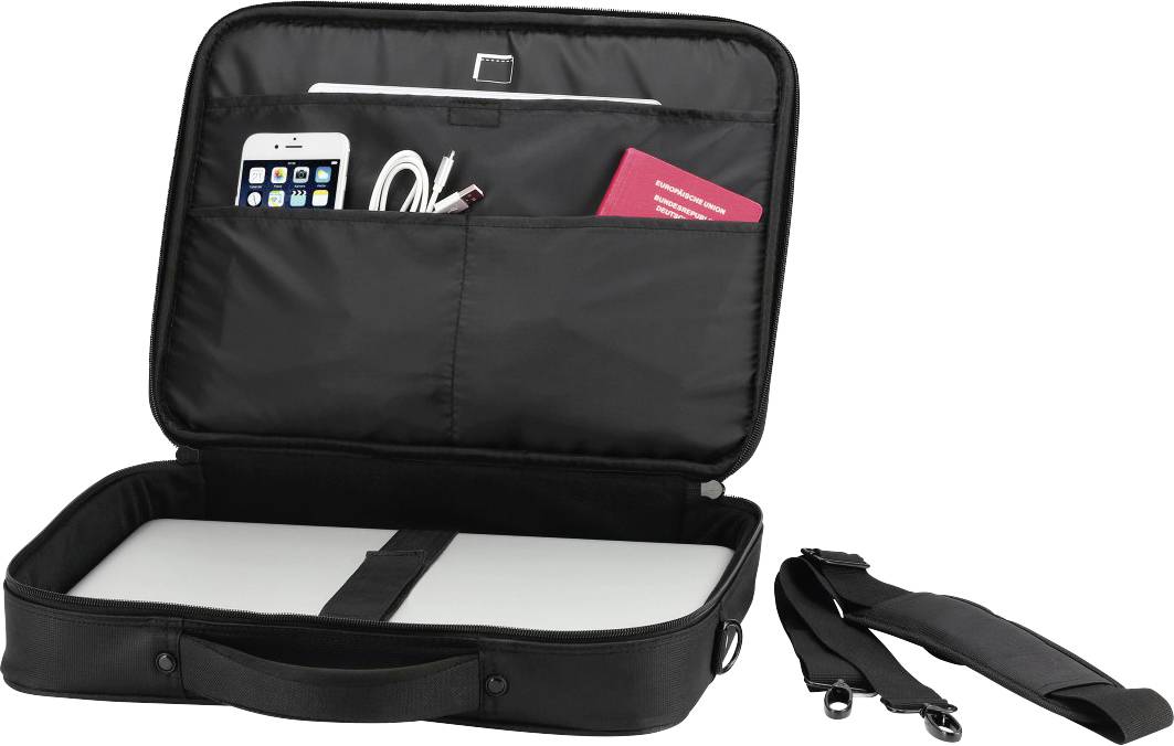Otwarta czarna torba na laptopa z laptopem, smartfonem, ładowarką i czerwoną książką w środku. Odpinany pasek na ramię leży obok.