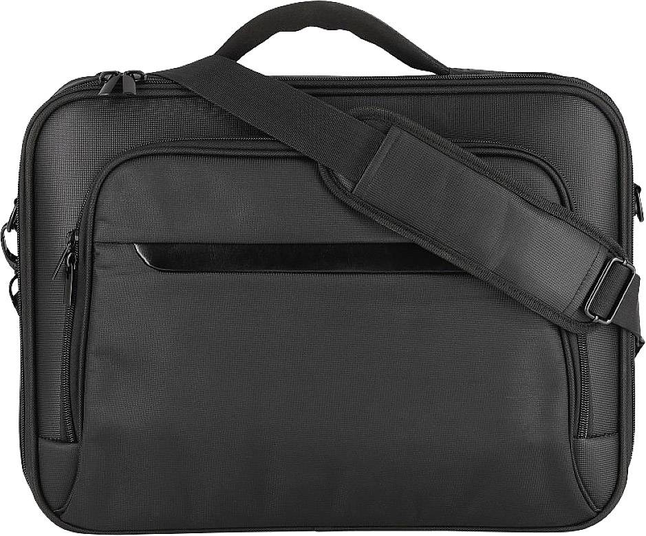 Czarna torba na laptopa z paskiem na ramię i wieloma kieszeniami zamykanymi na zamek, odpowiednia do przewożenia laptopów i akcesoriów.
