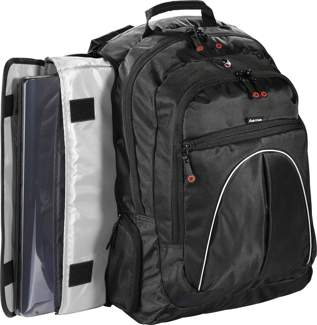 Czarny plecak z kieszenią na laptopa, wyściełanymi paskami i wieloma kieszeniami na zamek błyskawiczny.