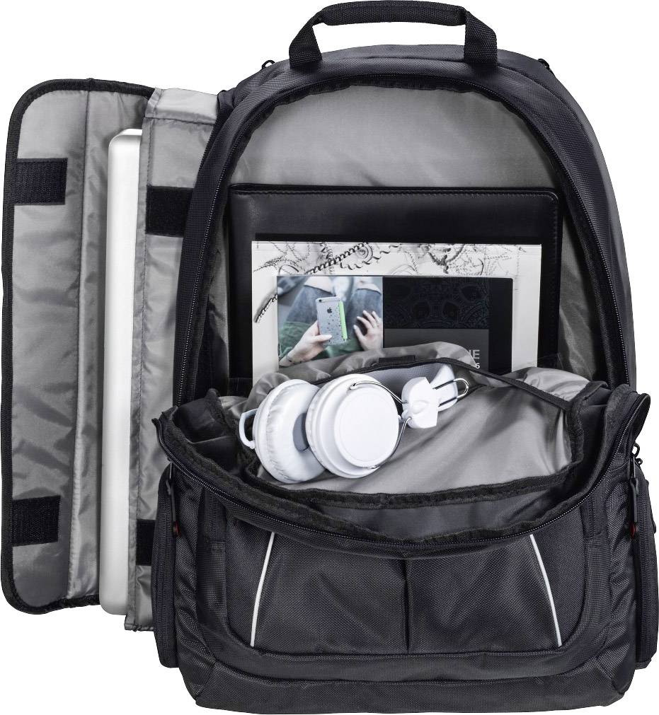 Czarny otwarty plecak z kieszenią na laptopa, tablet, książka i para słuchawek w głównej komorze.