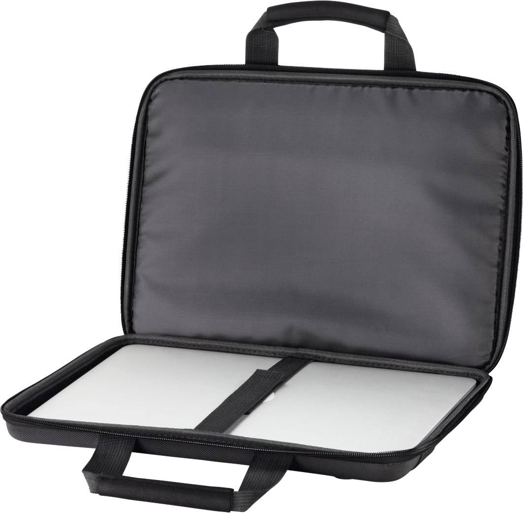 Czarna torba na laptopa otwarta, wewnątrz widać zabezpieczony laptopa elastycznym paskiem.