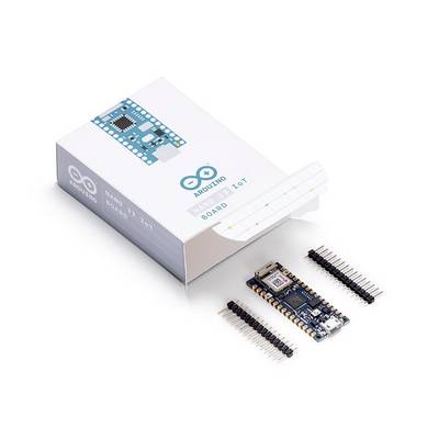 Płytka Arduino i opakowanie: Płytka drukowana z czujnikiem i dwiema listwami pinowymi; przeznaczona do projektów IoT. Opakowanie z logo Arduino.