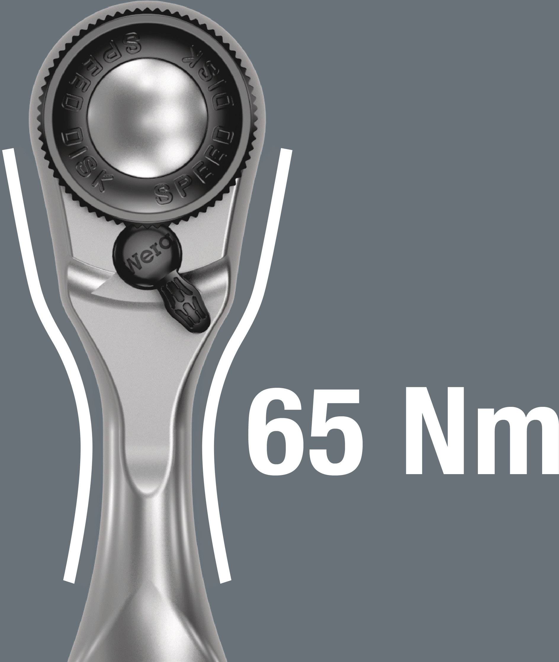 Zbliżenie klucza dynamometrycznego ustawionego na 65 Nm. Widoczna skala i uchwyt narzędzia na szarym tle.