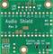 Płytka 'Audio Shield' z oznaczeniami złączy audio i mikrofonowych, pinów zasilania oraz ostrzeżeniem 'Uwaga: nie zwierać VGND z GND'.