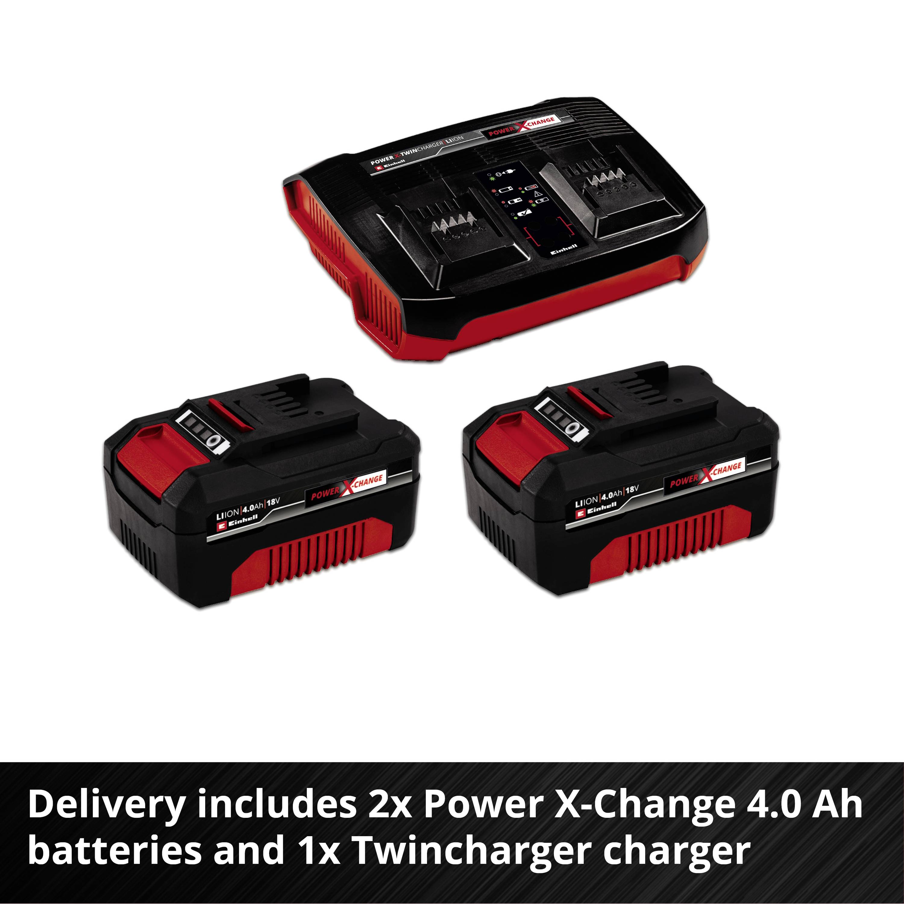 Dostawa zawiera 2x akumulator Power X-Change 4,0 Ah oraz 1x ładowarkę podwójną