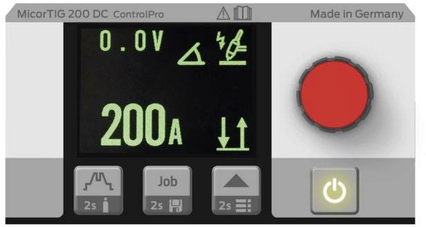 Panel sterowania spawarki MicorTIG 200 DC z wyświetlaczem '200A', symbolami napięcia i czerwonym przyciskiem awaryjnego wyłącznika.