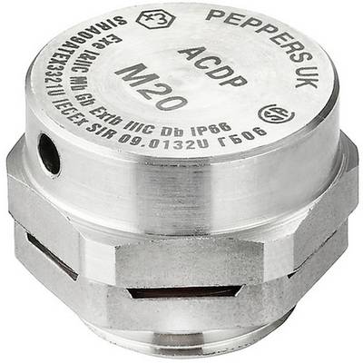 Srebrny metalowy element konstrukcyjny z napisem 'PEPPERS UK ACDP M20', prawdopodobnie złączka lub adapter, o cylindrycznym kształcie, sfotografowany z góry.