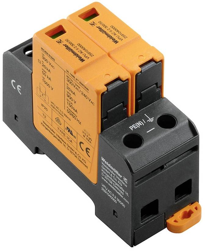 Pomarańczowe urządzenie ochrony przeciwprzepięciowej z dwoma modułami, zamontowane na czarnej podstawie, widziane z góry, z naniesionymi specyfikacjami technicznymi.