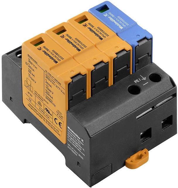 Moduł ochrony przepięciowej z czterema wymiennymi modułami przełączającymi w kolorach pomarańczowym i niebieskim, przeznaczony do stosowania w instalacjach elektrycznych.