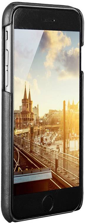 Smartfon w czarnym etui wyświetla miejską panoramę z torami, budynkami i słonecznym niebem w tle.