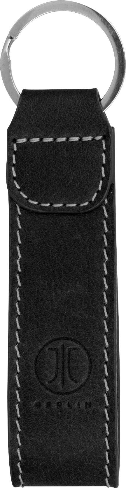 Czarny skórzany brelok z wyhaftowanym, nierozpoznawalnym logo oraz srebrnym kółkiem na klucze.
