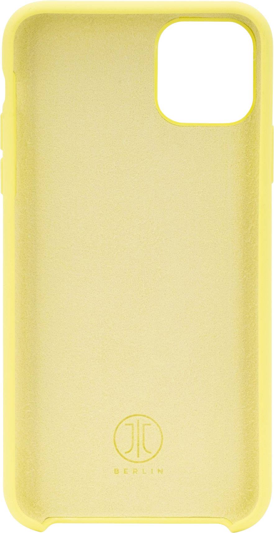 Żółte etui na telefon z wygrawerowanym logo Berlina u dołu. Zostało zaprojektowane do smartfona z wycięciem na aparat w górnym prawym rogu.