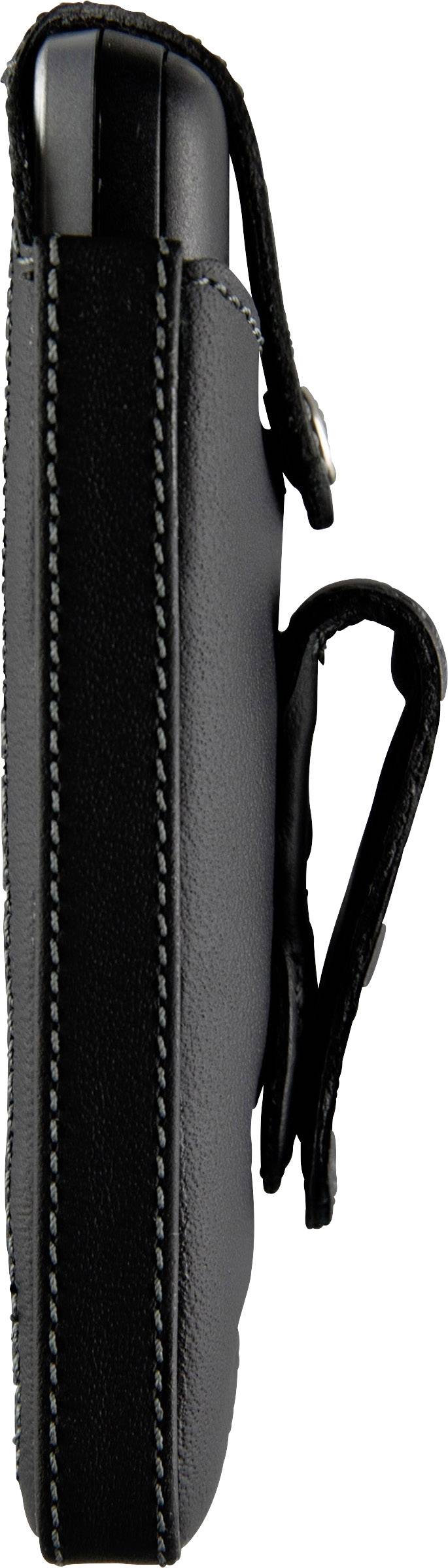Czarna torba skórzana, widok z boku. Prezentuje torbę z klipsem do paska, odpowiednią dla małego urządzenia elektronicznego.
