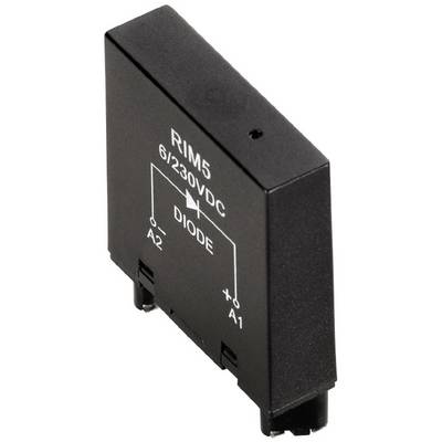 Czarny moduł przekaźnikowy z napisem 'RIM5 6/230VDC DIODE' oraz schematycznym rysunkiem diody z zaciskami A2 i A1.