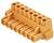 Pomarańczowy elektryczny blok przyłączeniowy z wieloma zaciskami kablowymi na górze i otworami montażowymi po bokach.