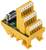 Żółty element elektroniczny z ponumerowanymi zaciskami i interfejsem połączeniowym. Stosowany do celów połączeń elektrycznych w elektronice.