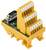 Żółty przemysłowy terminal złączowy z numerowanymi przyłączami kablowymi oraz złączem D-Sub, prawdopodobnie przeznaczony do połączeń elektronicznych.