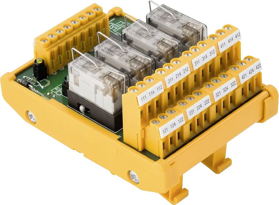 Żółty moduł przekaźnikowy z wieloma podłączonymi zaciskami przedstawia obwody elektroniczne i okablowanie.