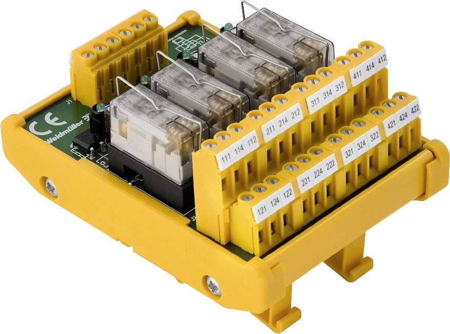Żółty elektryczny moduł przekaźnikowy z wieloma złączami i przezroczystymi osłonami, stosowany do sterowania obwodami elektrycznymi.