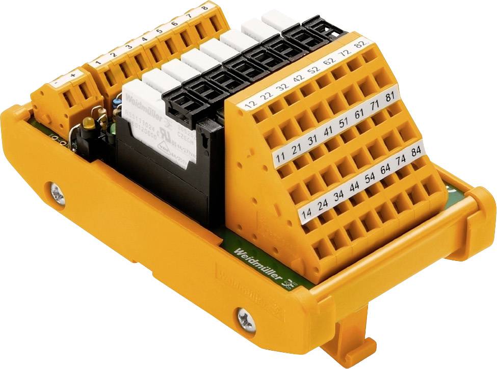 Pomarańczowy elektryczny moduł przyłączeniowy z ponumerowanymi listwami zaciskowymi. Opracowany do podłączania i organizacji przewodów.