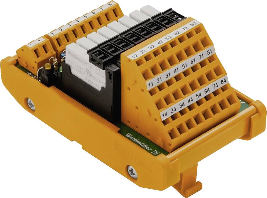 Elektroniczny element składowy w obudowie pomarańczowego koloru z ponumerowanymi zaciskami przyłączeniowymi. Stosowany w elektrycznych systemach sterujących.