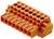 Pomarańczowy elektryczny złącz wtykowy z wieloma zaciskami, odpowiedni do mocowania przewodów w tablicy rozdzielczej.