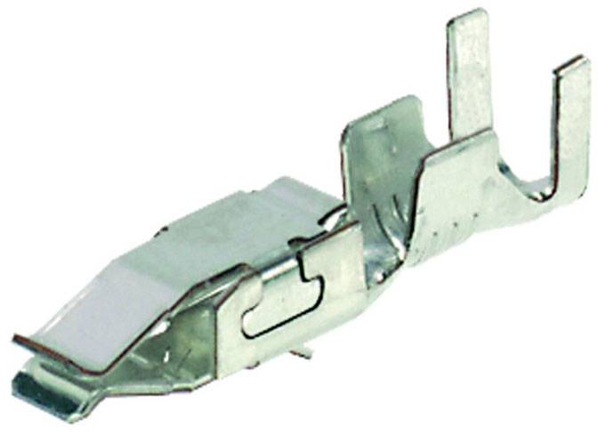 Metalowy wtyk, typowo stosowany w połączeniach elektrycznych, o przekroju prostokątnym i z wieloma elementami mocującymi.