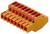 Pomarańczowy złącz wtykowy z tworzywa sztucznego z wielorzędowymi gniazdami. Stosowany w zastosowaniach elektrotechnicznych do bezpiecznego połączenia.