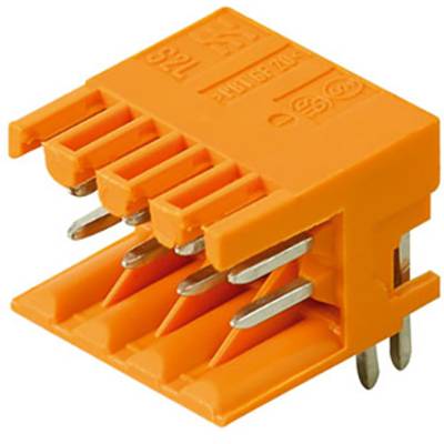 Pomarańczowy elektryczny złącz z wieloma metalowymi stykami, odpowiedni do połączeń elementów elektronicznych i urządzeń.