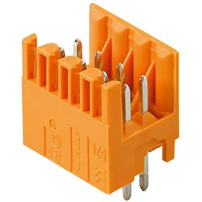 Pomarańczowy złącze z pięcioma metalowymi pinami, stosowane w połączeniach elektronicznych.