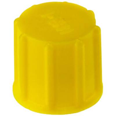 Żółty, prążkowany plastikowy pokrętło o kształcie cylindrycznym, prawdopodobnie stosowany w komponencie elektrycznym lub urządzeniu.