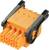Pomarańczowy elektryczny złącz z pięcioma punktami przyłączeniowymi i czarnymi zaciskami z tworzywa sztucznego po bokach.