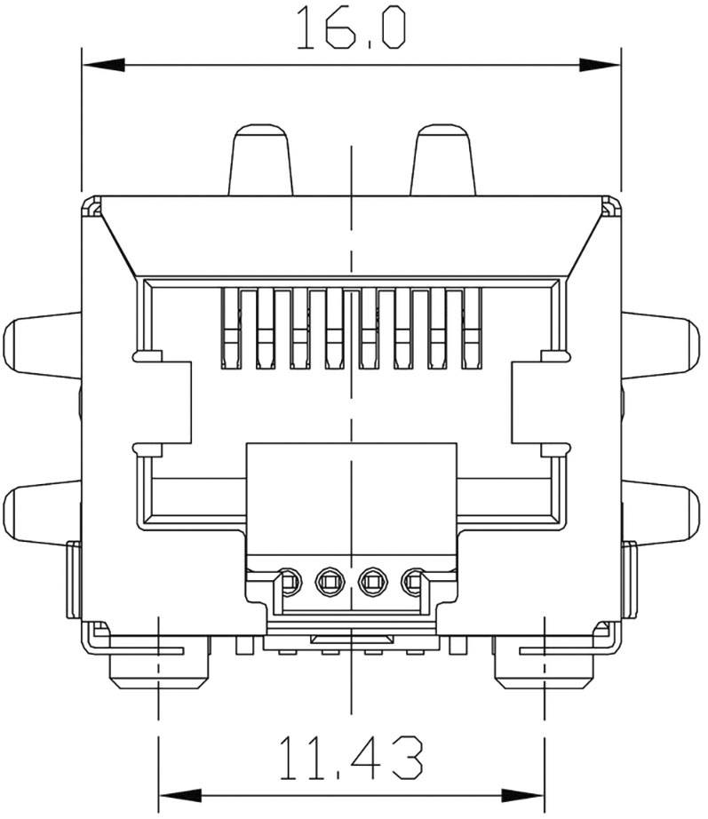 Rysunek techniczny złącza widzianego z góry z wymiarami: 16,0 mm szerokości i 11,43 mm głębokości. Widoczne linie i styki.