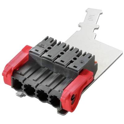 Czarny złącz z trzema stykami i czerwonymi elementami bocznymi zamocowany na wsporniku metalowym.