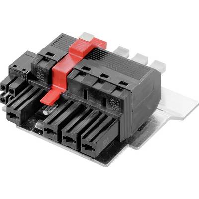 Czarny elektryczny złącz z czerwoną dźwignią na metalowej płycie, prezentujący szczegóły połączeń i zabezpieczeń.