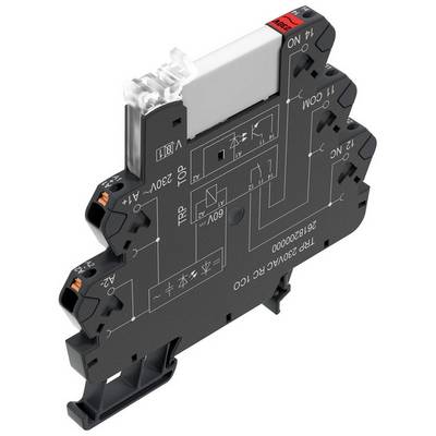 Elektroniczny moduł przekaźnikowy z nadrukowanym schematem połączeń i opisem zacisków. Kompaktowa konstrukcja do zastosowań przemysłowych.